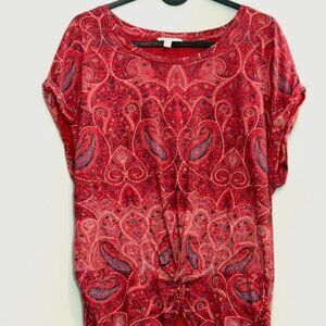 LUCKY BRAND Llight Red  Twist Front Floral Short Sleeve Cotton Modal Tee S